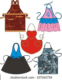 Different types of aprons with pockets and drawings