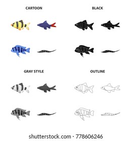 Different types of aquarium and sea fish, barbeque, stingray. A fish set collection icons in cartoon black monochrome outline style vector symbol stock illustration web.