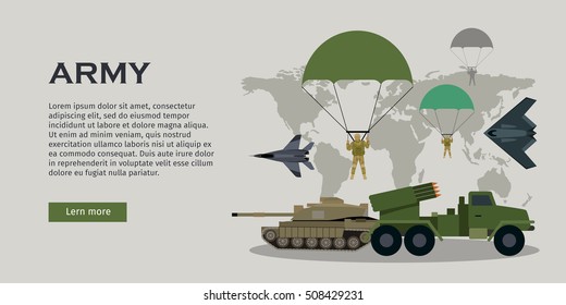 Different types of armed forces. Paratroopers, fighter jet, bomber, tank, reactive artillery flat vector illustrations world map on background. For warfare concepts, military service contract ad
