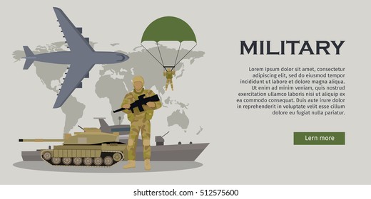 Different types of armed forces. Paratroopers, fighter jet, bomber, tank, reactive artillery flat vector illustrations world map on background. For warfare concepts, military service contract ad