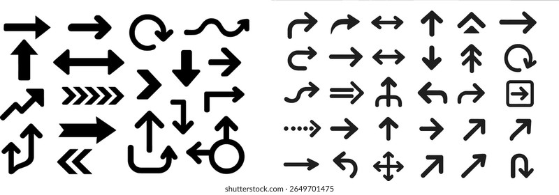 Diferentes tipos de desenhos de setas são exibidos em preto e branco, apresentando vários estilos e orientações adequados para fins de design criativo e gráfico.