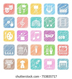 Different types of art and cultural activities. White icons on a colored shaded field.  