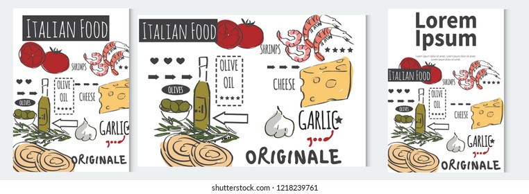Different types of authentic Italian food. Hand drawn set. Vector illustration in vintage style. Menu or signboard template for restaurant.