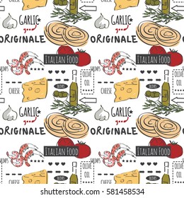 Different types of authentic Italian food. Hand drawn set. Vector illustration in vintage style. Menu or signboard template for restaurant.