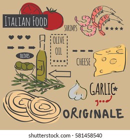 Different types of authentic Italian food. Hand drawn set. Vector illustration in vintage style. Menu or signboard template for restaurant.