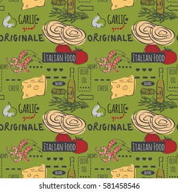 Different types of authentic Italian food. Hand drawn set. Vector illustration in vintage style. Menu or signboard template for restaurant.