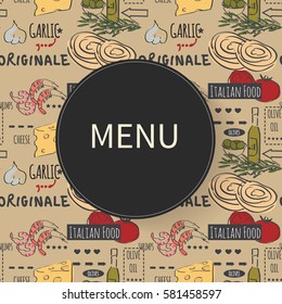 Different types of authentic Italian food. Hand drawn set. Vector illustration in vintage style. Menu or signboard template for restaurant.
