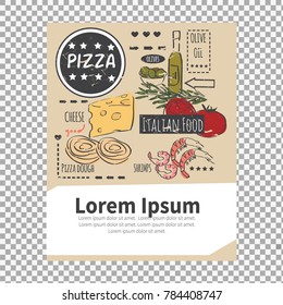 Different types of authentic Italian food on transparent background. Hand drawn set. Vector illustration in vintage style. Menu or signboard template for restaurant.