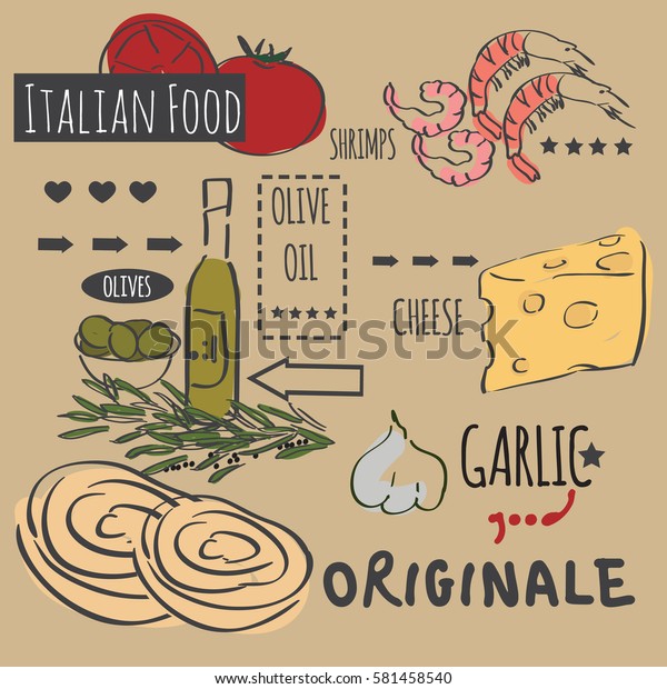 Different Types Of Authentic Italian Food Hand Drawn Set Vector Illustration In Vintage Style 