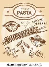Different types of authentic Italian pasta - conchiglioni, stelline, fusilli bucati, spaghetti, cavatappi, fusilli, trottole. Hand drawn set. Vector illustration.