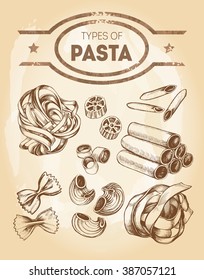 Different types of authentic Italian pasta - tagliatelle, rotelli, penne, annelli, cannelloni, farfalle, pipe rigate, pappardelle. Hand drawn set. Vector illustration.