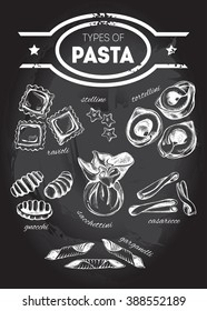 Different types of authentic Italian pasta - ravioli, stelline, tortellini, gnocchi, sacchettini, casarecce, garganelli. Hand drawn set. Vector illustration on the blackboard.