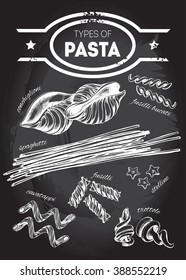 Different types of authentic Italian pasta - conchiglioni, stelline, fusilli bucati, spaghetti, cavatappi, fusilli, trottole. Hand drawn set. Vector illustration on the blackboard.