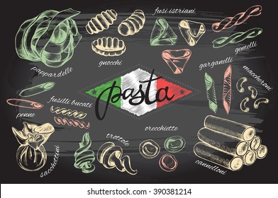 Different types of authentic Italian pasta. Hand drawn set. Vector illustration on the blackboard. Menu or signboard template for restaurant.