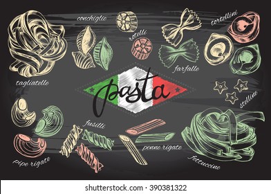 Different types of authentic Italian pasta. Hand drawn set. Vector illustration on the blackboard. Menu or signboard template for restaurant.