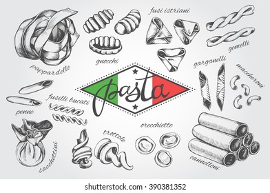 Different types of authentic Italian pasta. Hand drawn set. Vector illustration in vintage style. Menu or signboard template for restaurant.