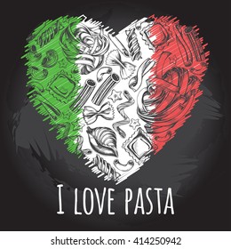 Different types of authentic Italian pasta in heart shape. Vector hand-drawn illustration.