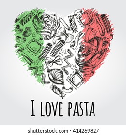 Different types of authentic Italian pasta in heart shape. Vector hand-drawn illustration.