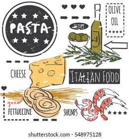 Different types of authentic Italian pasta. Hand drawn set. Vector illustration in vintage style. Menu or signboard template for restaurant.