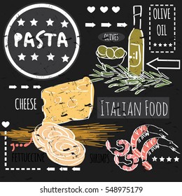 Different types of authentic Italian pasta. Hand drawn set. Vector illustration in vintage style. Menu or signboard template for restaurant.