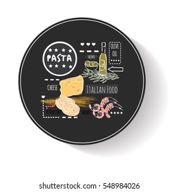 Different types of authentic Italian pasta. Hand drawn set. Vector illustration in vintage style. Menu or signboard template for restaurant.