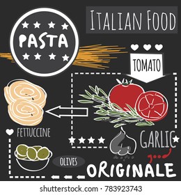 Different types of authentic Italian pasta on transparent background. Hand drawn set. Vector illustration in vintage style. Menu or signboard template for restaurant.