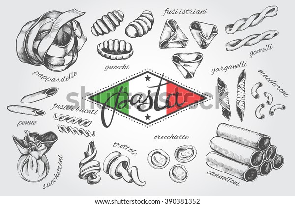 Different Types Authentic Italian Pasta Hand Stock Vector (Royalty Free ...