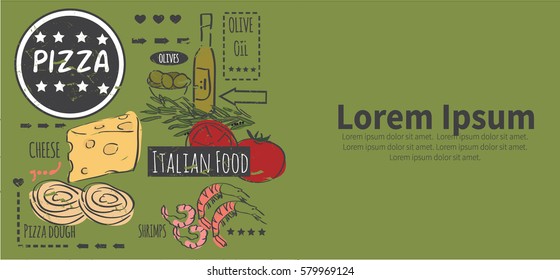 Different types of authentic Italian pizza. Hand drawn set. Race Group Banner. Vector illustration in vintage style. Menu or signboard template for restaurant.