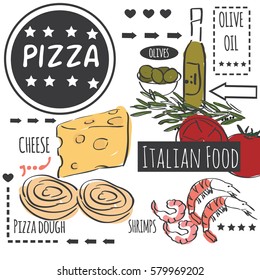 Different types of authentic Italian pizza. Hand drawn set. Vector illustration in vintage style. Menu or signboard template for restaurant.