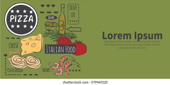 Different types of authentic Italian pizza. Hand drawn set. Race Group Banner. Vector illustration in vintage style. Menu or signboard template for restaurant.