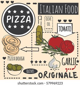 Different types of authentic Italian pizza. Hand drawn set. Vector illustration in vintage style. Menu or signboard template for restaurant.