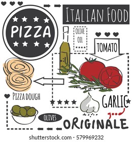 Different types of authentic Italian pizza. Hand drawn set. Vector illustration in vintage style. Menu or signboard template for restaurant.