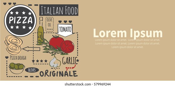 Different types of authentic Italian pizza. Hand drawn set. Race Group Banner. Vector illustration in vintage style. Menu or signboard template for restaurant.