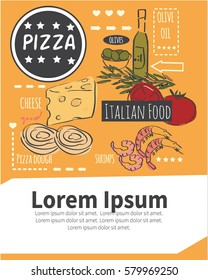Different types of authentic Italian pizza. Hand drawn set. Vector illustration in vintage style. Menu or signboard template for restaurant.