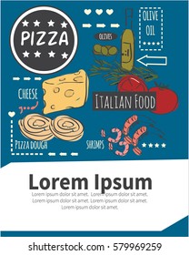 Different types of authentic Italian pizza. Hand drawn set. Vector illustration in vintage style. Menu or signboard template for restaurant.