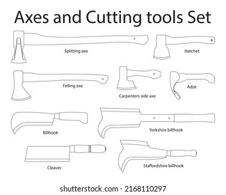 Different types of Axes and Cutting tools set isolated outline vectors on white background. Consists of Axe Adze Hatchet Billhook and Cleaver. Used for carpenter woodworking forest log. svg