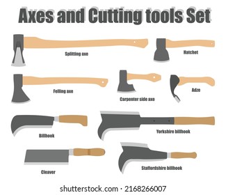 Different types of Axes and Cutting tools set isolated vectors on white background. Consists of Axe Adze Hatchet Billhook and Cleaver. Used for carpenter woodworking forest log. svg
