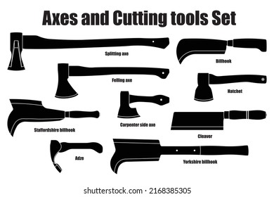 Different types of Axes and Cutting tools set isolated silhouette vectors on white background. Consists of Axe Adze Hatchet Billhook and Cleaver. Used for carpenter woodworking forest log. svg