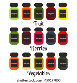 different types of baby puree.Tara. glass packaging. pear, Apple, pumpkin, cherry, raspberry, zucchini, broccoli, cabbage, potatoes,banana. vegetables, fruits, berries