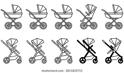 Different types of baby strollers and pushchairs line art icons set for newborn transportation collection of simple monochrome vector graphics.