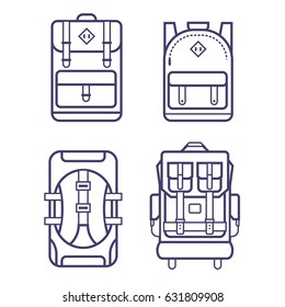 Different types of backpacks in thin line design. Hiking, school, casual, classic back packs and rucksacks. Line vector backpacks icon set.