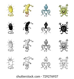 Different types of bacteria and viruses. Funny Viruses set collection icons in cartoon black monochrome outline style vector symbol stock illustration web.