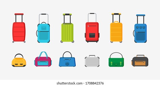 Different types of bag. Large and small suitcase, hand luggage, backpack, box, handbag. Plastic, metal suitcases, backpacks, bags for luggage. Vector illustration, EPS 10.