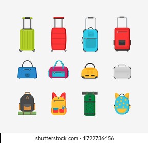 Different types of bag. Plastic, metal suitcases, backpacks, bags for luggage. Large and small suitcase, hand luggage, backpack, box, handbag. Vector illustration, EPS 10.