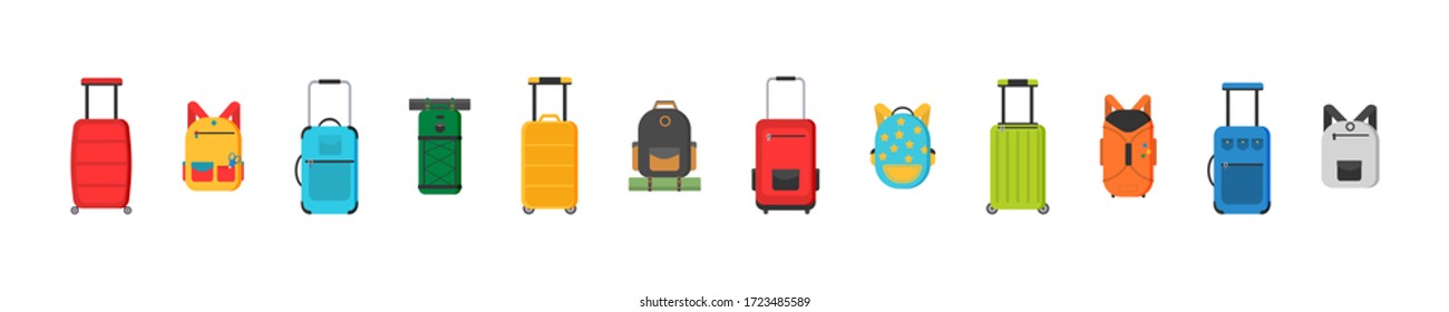 Different types of bag. Plastic, metal suitcases, backpacks, bags for luggage. Large and small suitcase, hand luggage, backpack, box, handbag. Vector illustration, EPS 10.