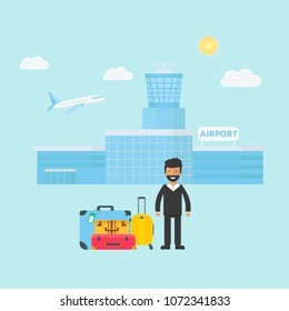 Different types of baggage, luggage, suitcase isolated on white background. Flat style vector illustration. Set of tourism and traveling icons with airport , man , voyage packing and handbag.