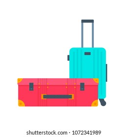 Different types of baggage, luggage, suitcase isolated on white background. Flat style vector illustration. Set of tourism and traveling icons with voyage packing and handbag.
