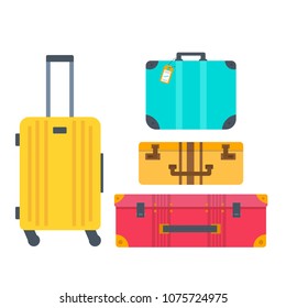 Different types of baggage, luggage, suitcase isolated on white background. Flat style vector illustration. Set of tourism and traveling icons with voyage packing and handbag.