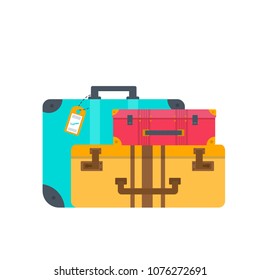 Different types of baggage, luggage, suitcase isolated on white background. Flat style vector illustration. Set of tourism and traveling icons with voyage packing and handbag.