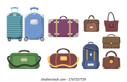 Different types of baggage. Plastic, metal suitcases, backpacks, luggage for journey vacation tourism shopping. Large and small suitcase, hand luggage, carrying animals, box, handbag. Vector.